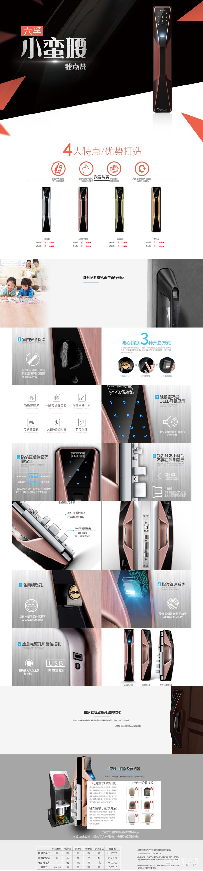 六孚智能锁小蛮腰指纹锁密码锁直板红古铜