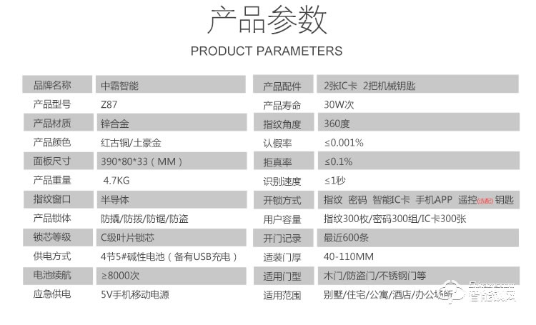 中霸智能锁 Z87智能指纹锁密码锁刷卡锁
