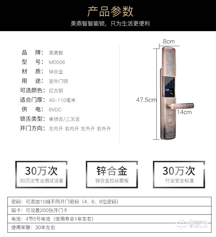 美鼎智智能锁 防盗门密码锁大门电子锁
